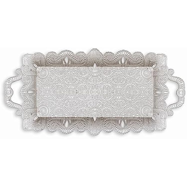 Alisveristime Ottoman Motif Zamac Tray, 15.7 x 7.7 x 1 Dimensions, 410 gram - 14.4 oz, Elegant Handles, Suitable for Two-Person Coffee Set, Available in Four Unique Colors Silver