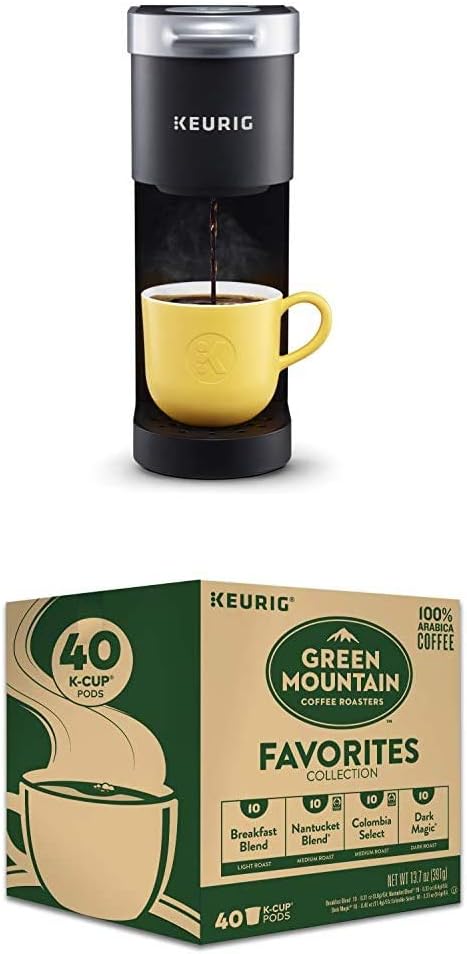 صانع القهوة Keurig K-Mini ، ماكينة تحضير القهوة K-Cup Pod ذات الخدمة الفردية ، 6 إلى 12 أونصة. أحجام المشروب ، أسود مع ماونتن كوفي روسترز المفضلة مجموعة متنوعة ، 40 كونت