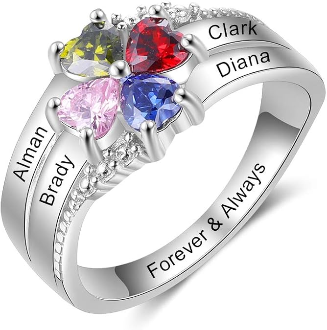 Love Jewelry Personalized Sterling Silver Mothers Rings with 4 Heart Simulated Birthstones Family Names Mom Rings Anniversary Mothers Day Rings for Women (6)