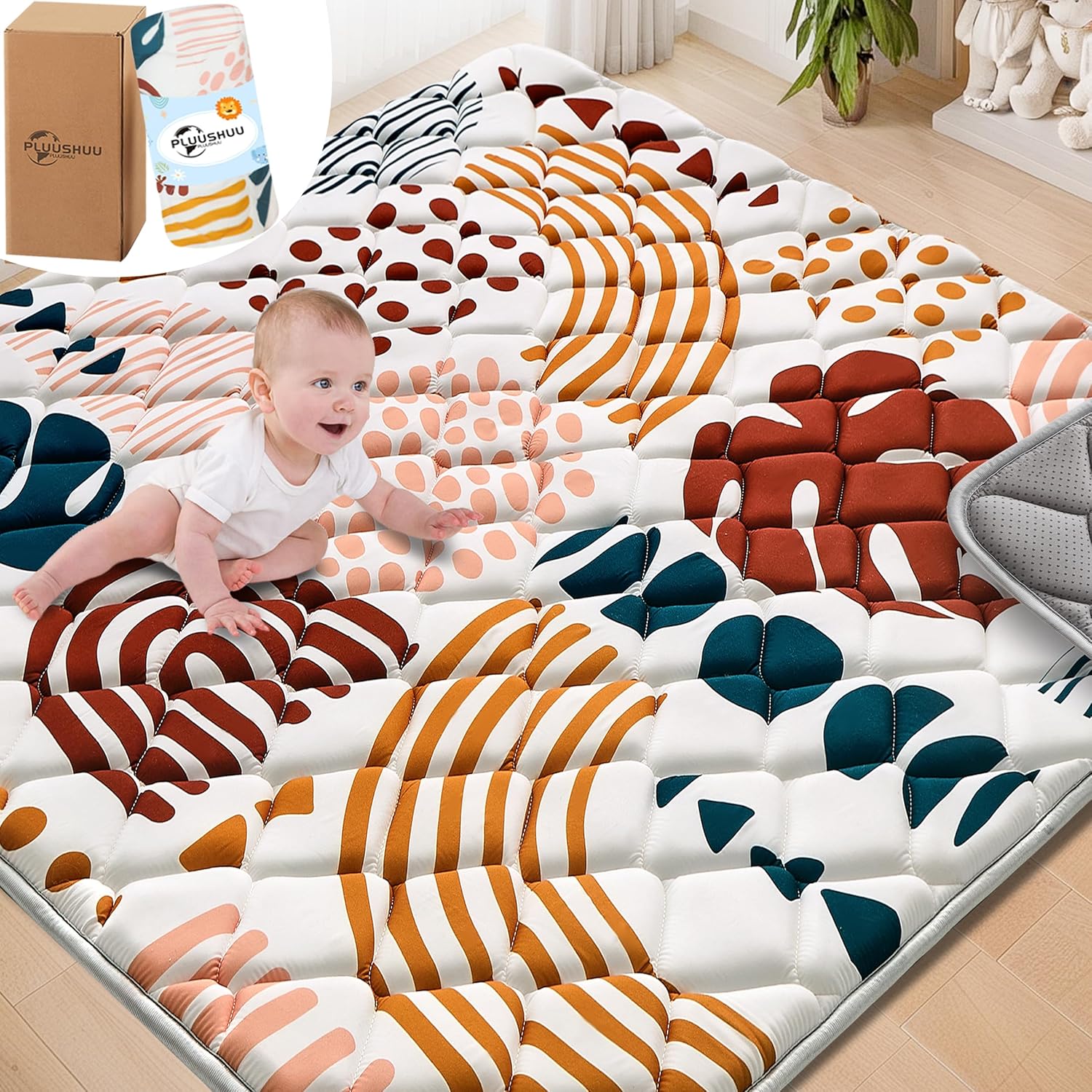 الحصير لعب الطفل للأرضيات، 50 x50 Playpen حصيرة للأطفال، سميكة اضافية & لينة الطابق الزحف حصيرة، طوي غير زلة Playmat مبطن للأطفال الرضع الصغار، تصميم بوهو ليف